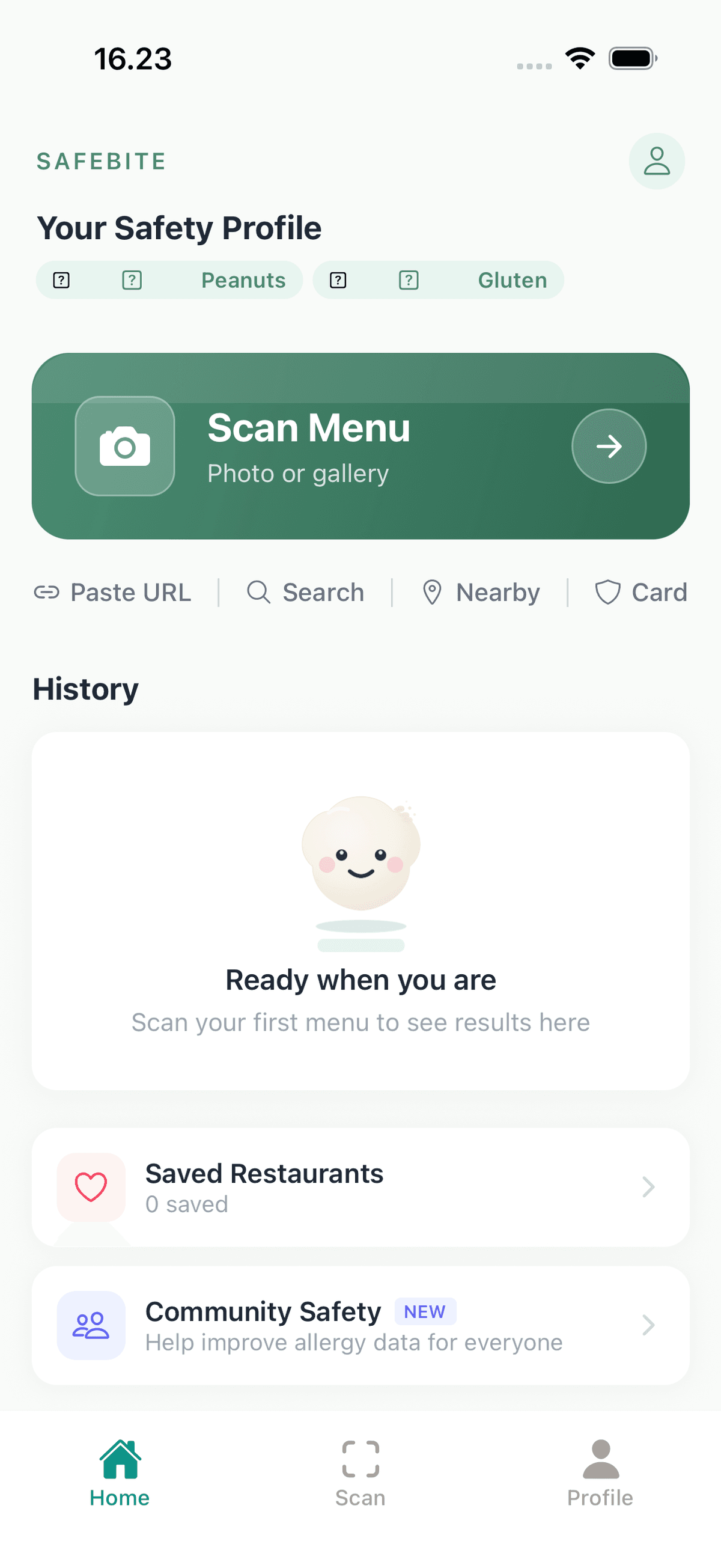 SafeBite home screen showing Safety Profile and Scan Menu